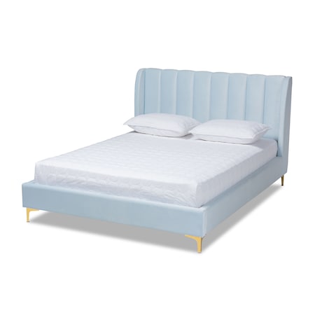 Baxton Studio Saverio Blue Velvet Queen Size Platform Bed with Gold-Tone Legs 156-9100